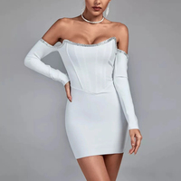Robe moulante de luxe à col en strass, épaules dénudées, manches longues, style bandage, pour l'été, les soirées, les dîners, les anniversaires, pour femmes matures