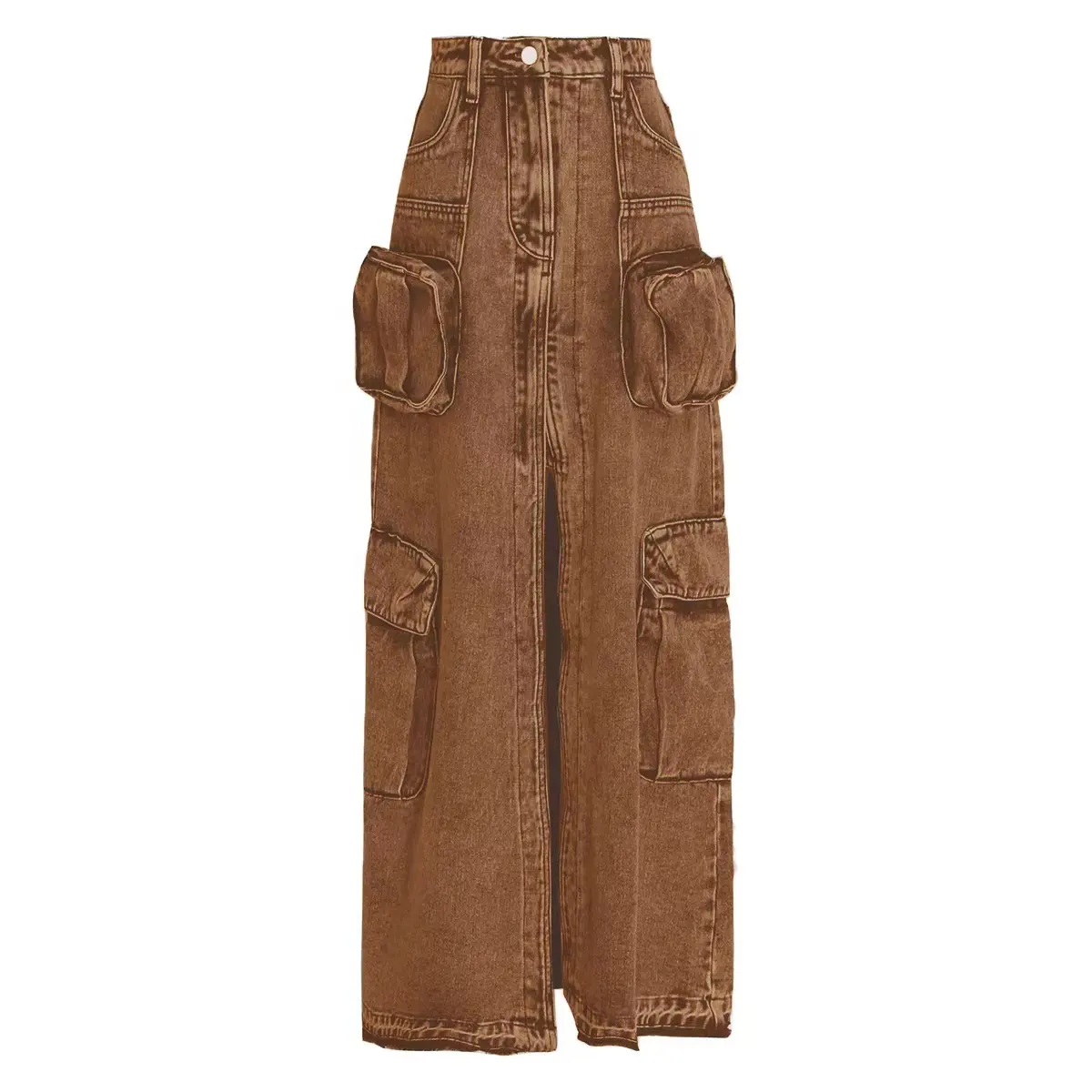 OUDINA Wholesale Discount Dropshipping Multiple Pockets Cargo Skirt High Waist Jean Women Long Denim Skirts