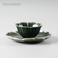 TESSWANG Elegantes Blumenförmiges Porzellan-Teeservice Dunkelgrüne Keramik-Dipschale mit Blattförmiger Platte Mini-Dessert-Servierschale