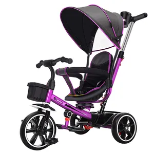 360 grados de rotación asiento triciclo para niños/niños triciclo con gran cesta/3 ruedas 4 en 1 manillar de empuje triciclo del bebé