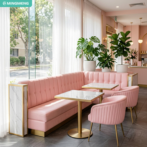 Ensemble de mobilier commercial pour café : banquette capitonnée en L, chaise de salle à manger en velours, table de restaurant avec plateau en marbre et base dorée - Product Image 1