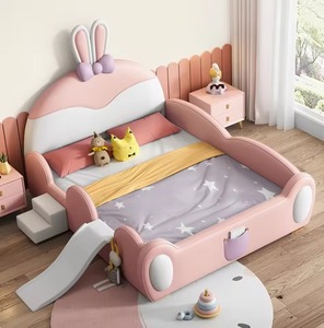 Camas Infantiles Modernas con Barandilla en Forma de Conejo, Cabecera Tapizada, Muebles para Dormitorio Infantil con Escaleras y Tobogán, Camas Completas para Niños - Product Image 2