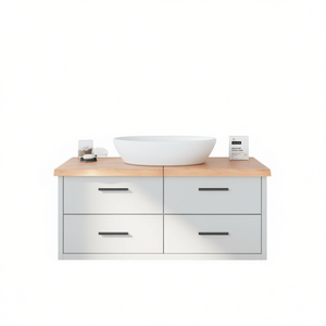Mueble de Baño de Madera Maciza de 47.2x19.7 Pulgadas, Color Marrón Claro, Diseño Minimalista, Montado en la Pared, con Cajones y Lavabo de Cerámica - Product Image 1