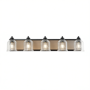 Modern Industrial 40" Farmhouse Vanity <b>Light</b> 5-<b>Light</b> Black Iron Clear Seeded Glass Bathroom Wall Sconce - Product Image 1