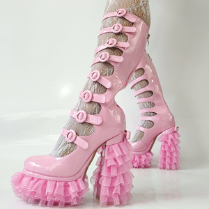 Summer Cut Out Knee High <b>Boots</b> Women Buckles Thick Lace Platform Chunky Heels Back Zipper Patent Long Booties Big Size 47 Shoes - Product Image 1