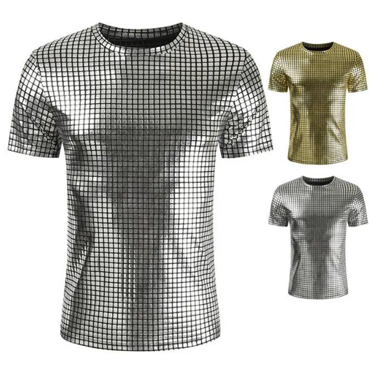 Night Club Wear Herren T-Shirts Shiny Metallic T-Shirt Herren Shorts Ärmel T-Shirt für Disco Party Casual Round Neck Stage Show Tops