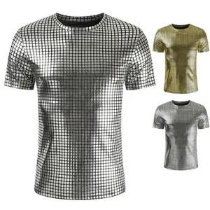 Night Club Wear Mens T-Shirts Shiny Metallic Tshirt Mens Shorts Sleeve T Shirt For Disco Party Casual Round Neck Stage Show Tops