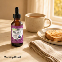 Gouttes liquides de mousse marine 60ml Spiruline Baies de sureau Complément alimentaire végétalien Vente en gros OEM ODM Personnalisé