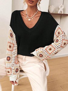 <span class=keywords><strong>Pull</strong></span> en tricot ajouré noir pour femme, motif carré <span class=keywords><strong>Granny</strong></span> multicolore au <span class=keywords><strong>crochet</strong></span>, manches longues, style bohème vintage, léger et oversize - Product Image 2