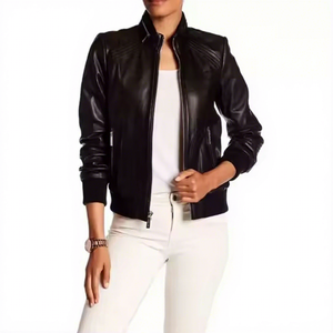 Veste en cuir véritable noir pour femme, col montant, en peau de mouton, ourlet côtelé, fermeture éclair, style motard, manteau bomber, vêtement d'extérieur chaud personnalisé pour l'automne et l'hiver - Product Image 1