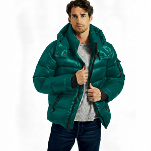 Men's Green Hooded Puffer <b>Jacket</b> Windproof Thick Polyester Winter Coat Casual <b>Zipper</b> Front Logo Design - Product Image 1