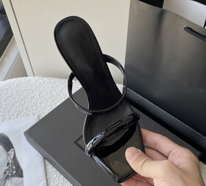 2026 New Premium Black Patent Leather Heeled Sandals Square Toe Gold Heel Two Strap Mules - Product Image 2