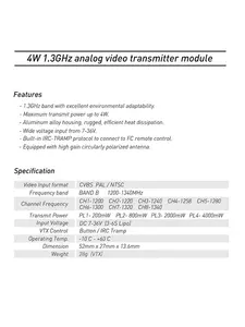 PFLYY 4W/4000mw 1.2/1.3G VTX High Power FPV Drone Simulation Image Transmission Fixed Wing