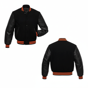 Chaqueta Universitaria de Béisbol con Logotipo Personalizado, Chaquetas Varsity Negras de Lujo con Mangas de Cuero, Chaqueta Varsity Letterman para Hombre - Product Image 1