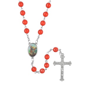 Chapelet catholique rouge perlé avec médaille de la Vierge <span class=keywords><strong>Marie</strong></span> et crucifix, perles de <span class=keywords><strong>prière</strong></span> chrétiennes pour cadeau religieux - Product Image 5