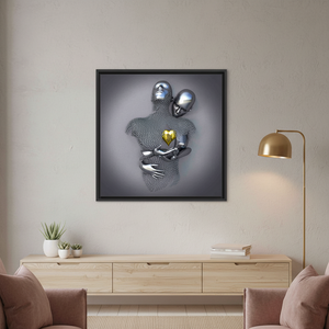 Modern Glass Wall Art: Silver Hugging Couple, Gold Heart Printed Canvas,<b>BLACK</b> <b>FRAMED</b> CANVAS - Product Image 2