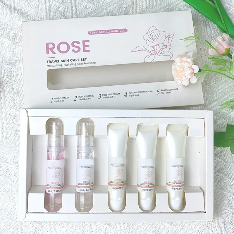 Etiqueta privada Belleza Antienvejecimiento Blanqueamiento Limpiador Rosa Agua de rosas Vitamina C Suero facial Juego de cuidado de la piel