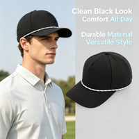 Casquette de baseball personnalisée OEM ODM noire à visière incurvée, panneaux latéraux perforés au laser, corde tressée imprimée blanche, logo personnalisé