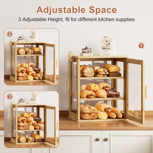 Boîte de rangement à pain en bambou multi-niveaux avec porte en verre, pour comptoir de cuisine, pour boulangerie, pâtisseries et en-cas - Product Image 2