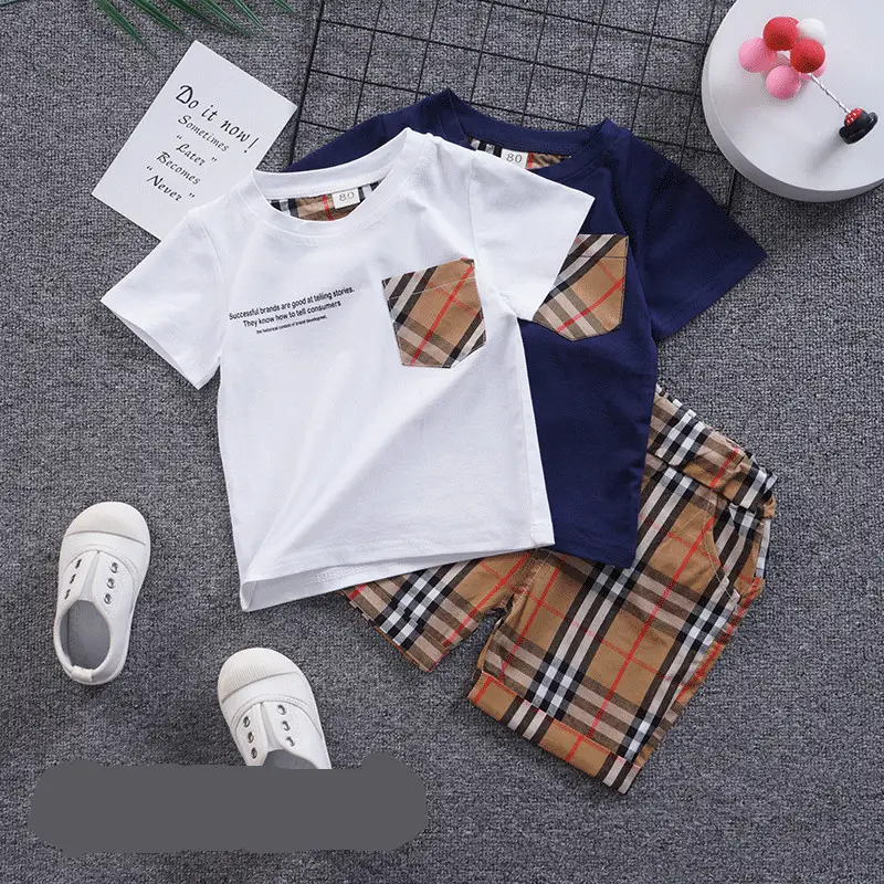 Toptan RTS yeni fabrika takım kıyafet rahat çocuk giysileri kısa kollu pamuk ucuz T-shirt şort bebek erkek yaz giyim setleri