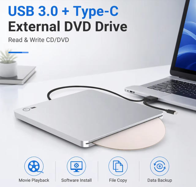 USB 3.0 Type C External DVD ROM Drive Slim CD Disk Reader Portable Optical Player for Lap Desktop Tablet