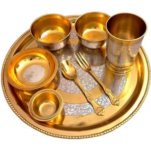 PARIJAT HANDICRAFT Traditional Indian <b>Dinnerware</b> Set Hammered Brass Thali Plate Bowls Glass Spoon Beautifully Handcrafted - Product Image 3