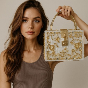 Borsetta da sera in acrilico da donna borsetta in marmo con perline in oro borsetta con manico a cerchio borsetta con scatola quadrata per ragazza - Product Image 1