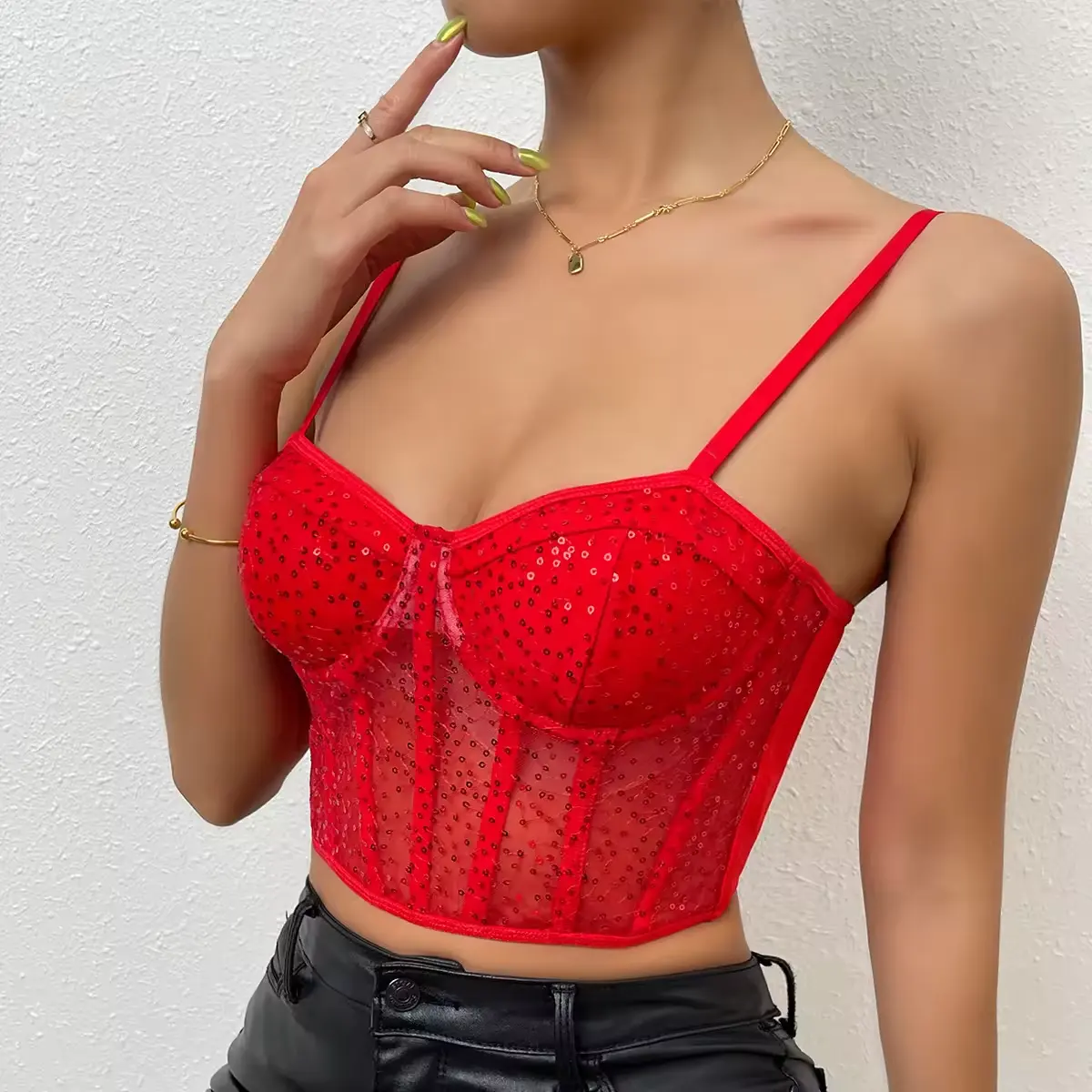 Low MOQ Sexy Slim fit sequin corsage vest Diamond Street Perspective sling Corset Fishbone Lace Up Manufacturer Tube Top