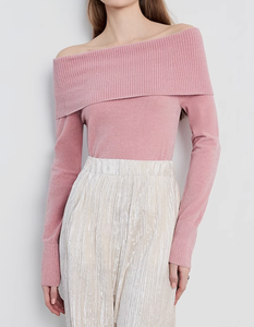 سعر جيد النمط الكوري محبوك الخريف ركاب كبير طية صدر السترة كتف واحد وردي ضئيلة أكمام طويلة النساء تريك - Product Image 5