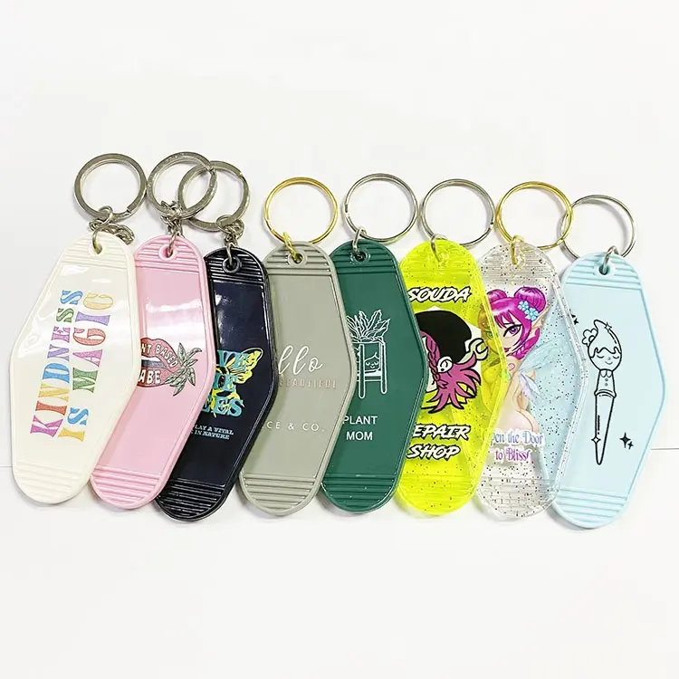 Custom promotion hot stamping printing logo acrylic hotel keychain retro motel keychain