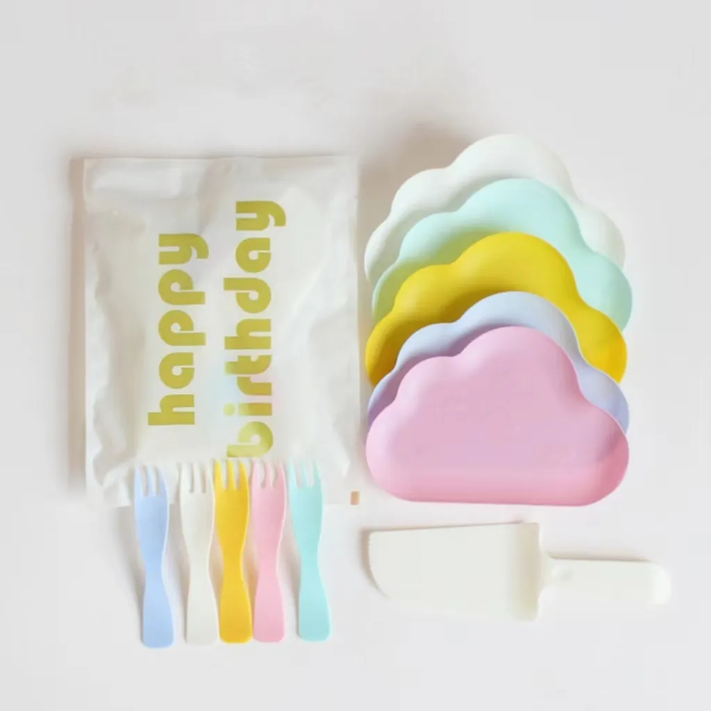 Placa de plástico descartável para bolo, combinação de faca e garfo de aniversário, prato de plástico de qualidade alimentar de alta qualidade