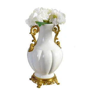 厂家直销豪华白色陶瓷花瓶黄铜平头瓷瓶用于房屋装饰室内配件