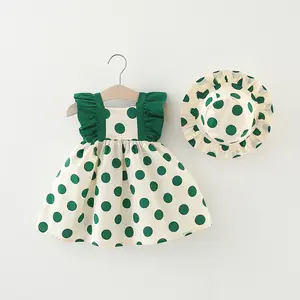 Vestido de verano con estampado circular para niña, bonito vestido verde con tirantes, falda y sombrero