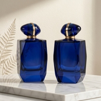 Flacon de parfum personnalisé de haute qualité pour homme, en verre bleu carré bouclé, avec bouchon unique en plastique anti-fuite, 100 ml