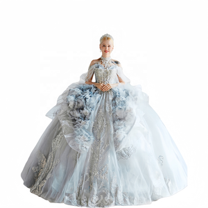 Order Online Wedding Dress With Blue Train Pearl-Adorned, Floor-Length