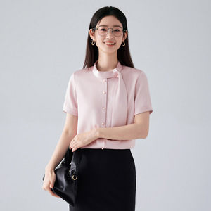 Women's Professional Summer Short Sleeve Blouse With Ribbon Solid Color Work Shirt For Commuting And Office Wear - Product Image 4