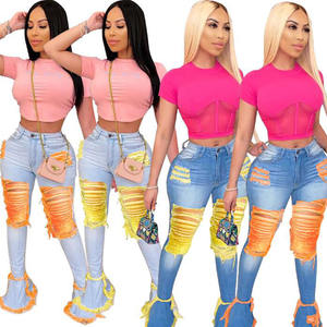 Sexy Women Ripped Jeans Fringe Hollow Out <strong>Ruffle</strong> Flare <strong>Denim</strong> <strong>Pants</strong> High Waist Hole Women Trousers Jeans - Product Image 1