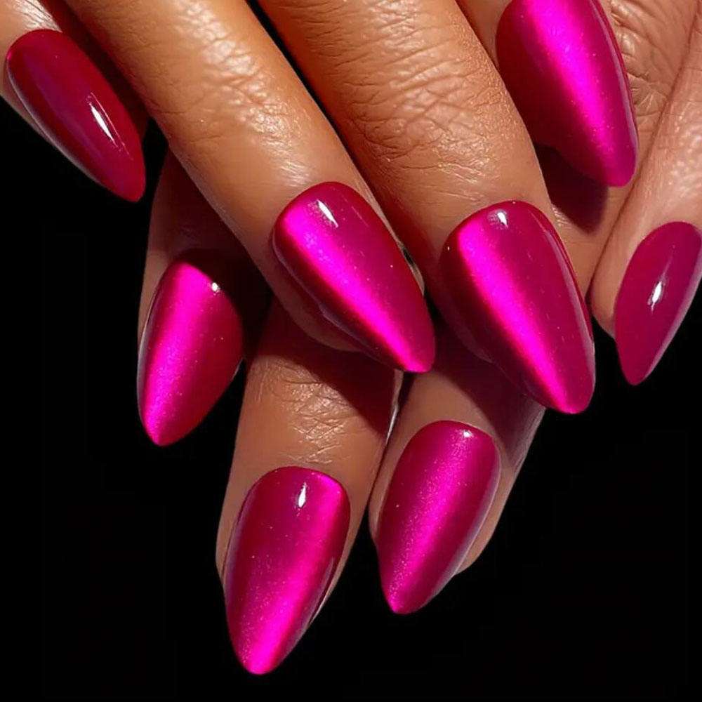 30pcs Rose Red Cat Eyes Almond Fake Nails Simple DIY Manicure Press on Nails Glossy Stick-on False Patches for Women