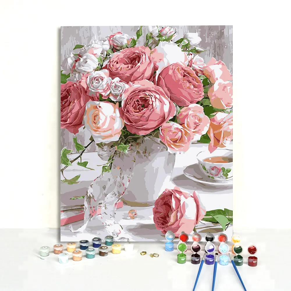 Wholesale Bulk 30*40 40*50 Custom Picture Drawing Numbered Canvas Pink Rose Painting by Numbers Flower