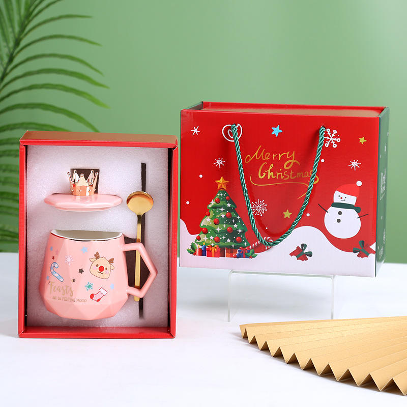 ถ้วยประดับเพชรสำหรับเทศกาลคริสต์มาสกล่องของขวัญสีชมพู-ปกและช้อน