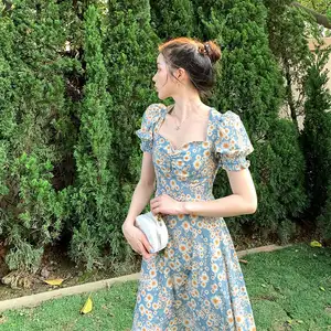 긴 치마 요정 유럽과 미국 슬릿 슬림 쇼 얇은 꽃 작은 데이지 버블 슬리브 여름 소녀 드레스