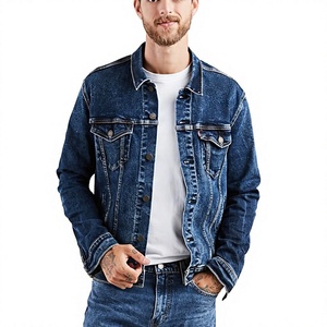Men's Classic Denim <b>Jacket</b> Blue Cotton Button Front Regular Fit Solid Color Washed Finish with Pockets and Square Collar - Product Image 1