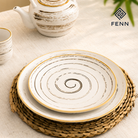 Ensemble d'assiettes à dîner en céramique FENN à motif spirale peint à la main, vaisselle rustique en grès avec bord doré, vente en gros directe d'usine