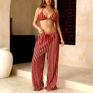 Hot Selling European American Striped Three Piece Bikini Set Tie Side Sexy Women Swimwear With Long Pants For <b>Beach</b> Vacation - Product Image 1
