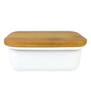 Butter Dish With Lid for Kitchen Storing Butter , Metal Steel White Butter Keeper With Bamboo Top