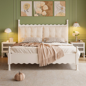 Solid Wood Upholstered Bed 1.5M <b>Single</b> 1.8M Double White Princess Style Soft <b>Headboard</b> Platform Bed For Bedroom - Product Image 1