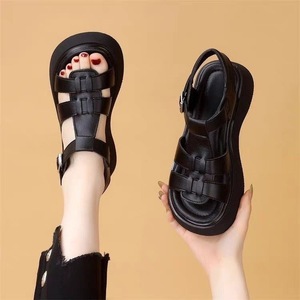 Beige Platform Heeled <b>Sandals</b> With Buckle Closure Open Toe Microfiber Leather Chunky Heel Summer Comfortable Shoes Drop Shipping - Product Image 2