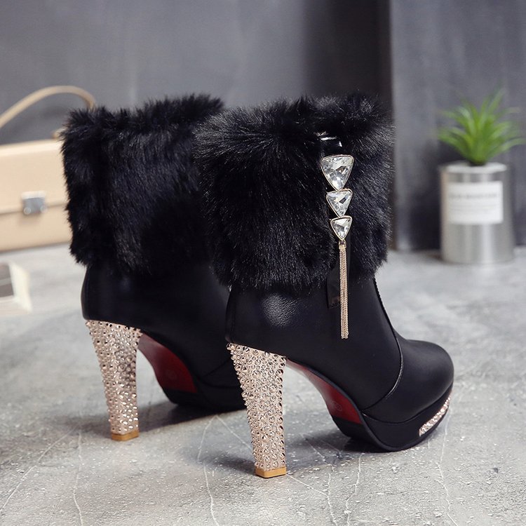 2021 crystal rhinestone wholesale ladies boots casual high heel pretty women's plush shoes fashion popular warm fur snow boots