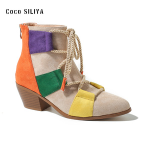 Bottines à lacets Coco SILIYA en patchwork, bout pointu, talon épais, bottines tendance pour femmes - Product Image 4