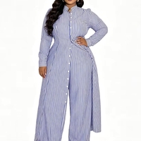 Ensemble 2 pièces pour femmes : Tunique à col montant rayée à manches longues et pantalon large